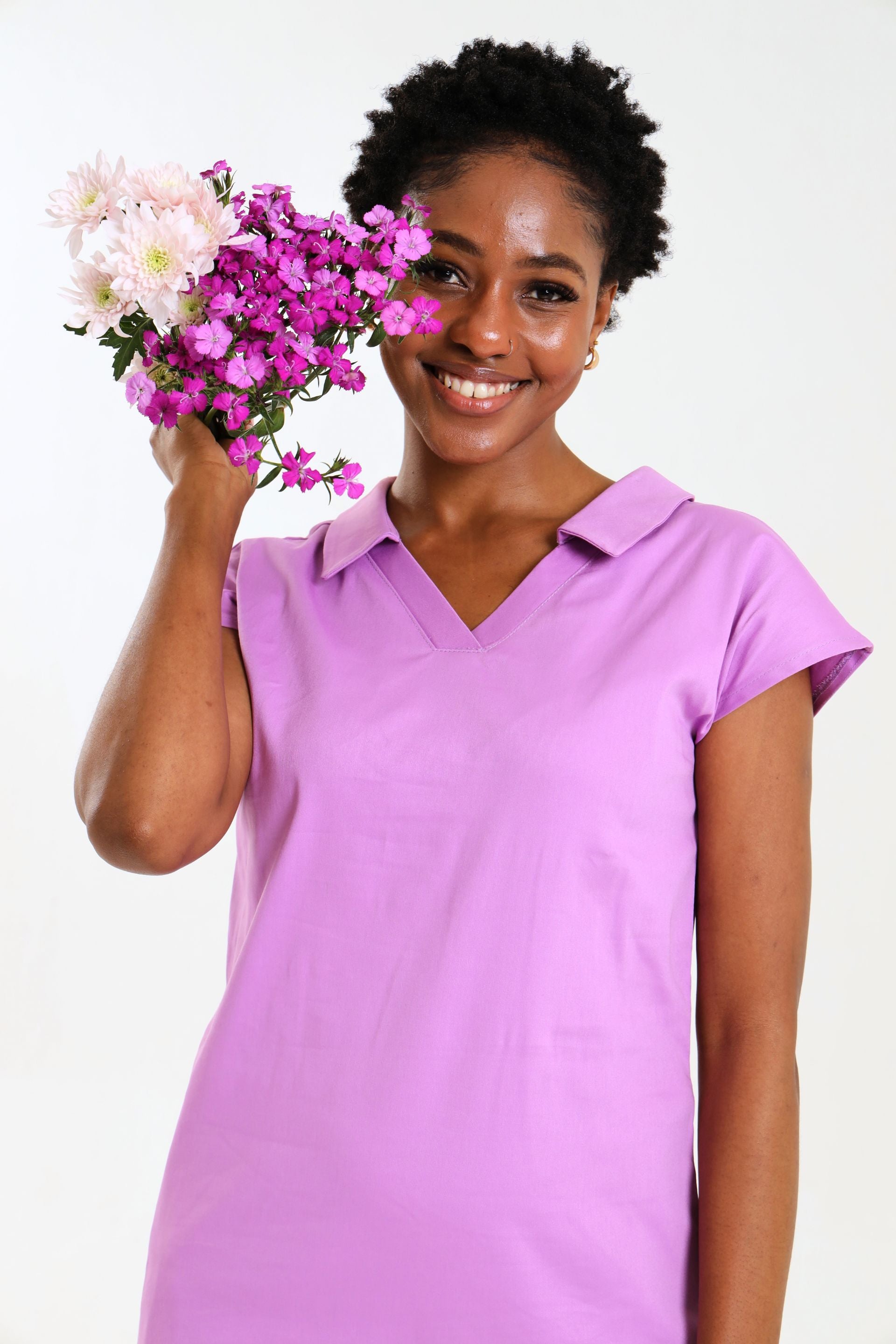 NEW LADIES V-COLLARED DRESS WITH PETAL SLEEVE - Greens Medi Scrubs South Africa - Premium Medical Uniforms & Apparel - Delivery Across SA