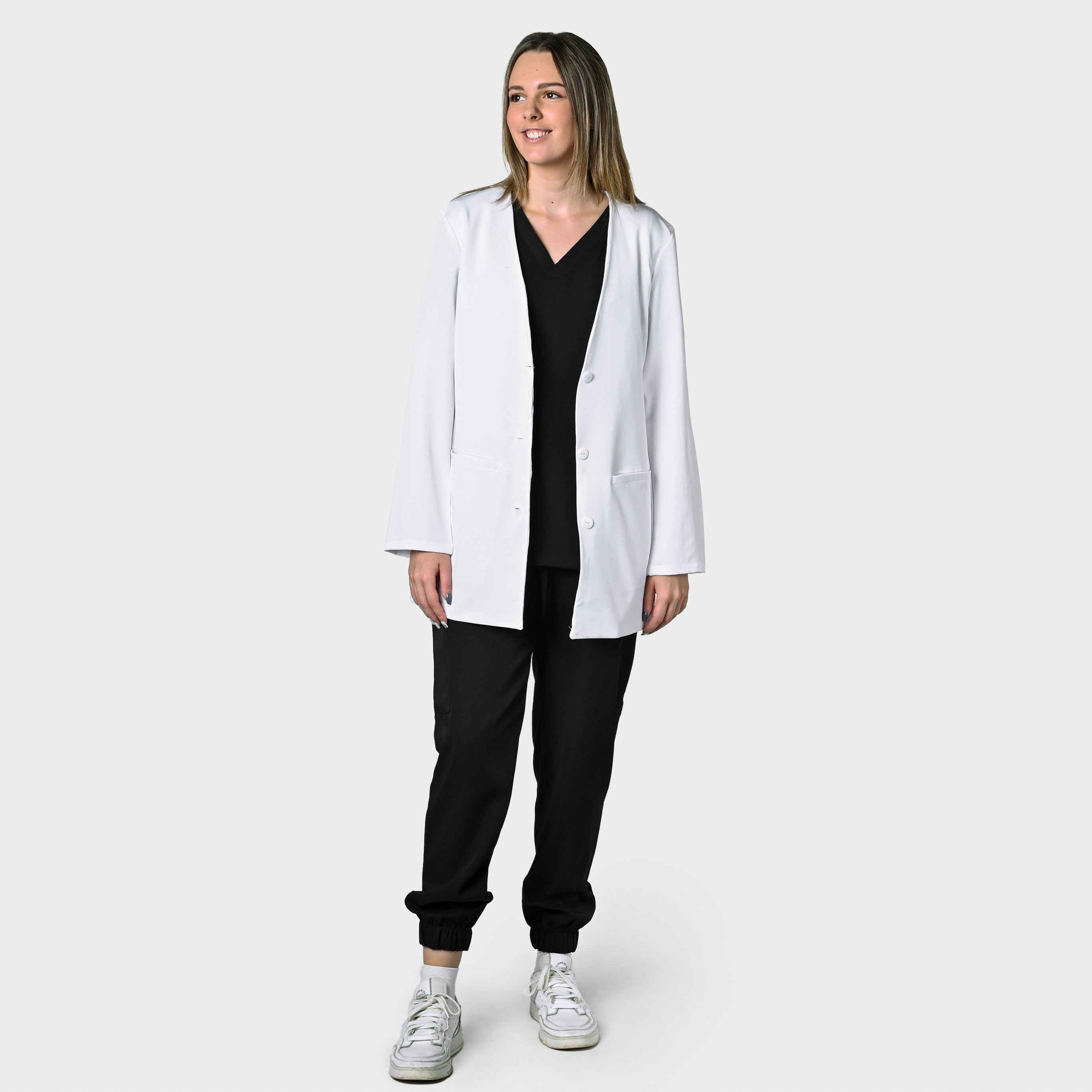 LADIES LONGSLEEVE COLLARLESS LUXE LAB COAT - Greens Medi Scrubs South Africa - Premium Medical Uniforms & Apparel - Delivery Across SA