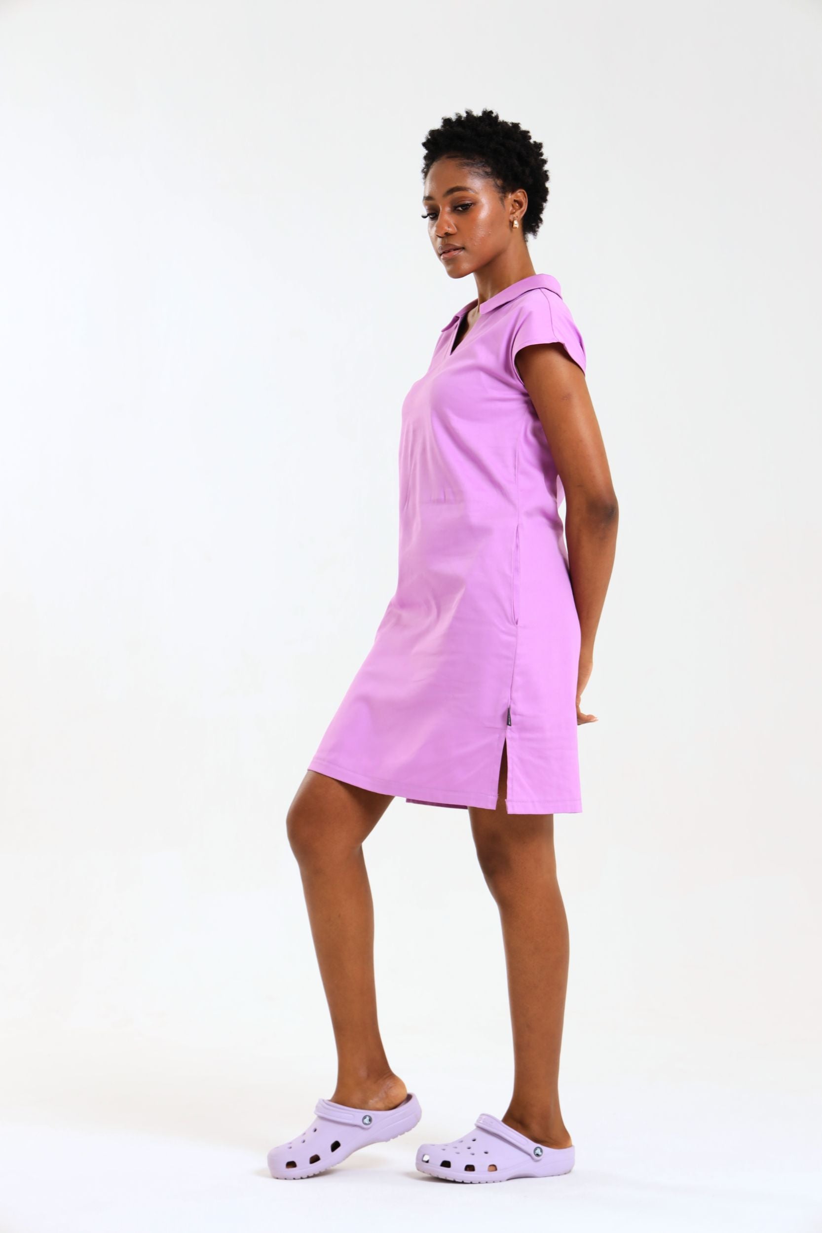 NEW LADIES V-COLLARED DRESS WITH PETAL SLEEVE - Greens Medi Scrubs South Africa - Premium Medical Uniforms & Apparel - Delivery Across SA