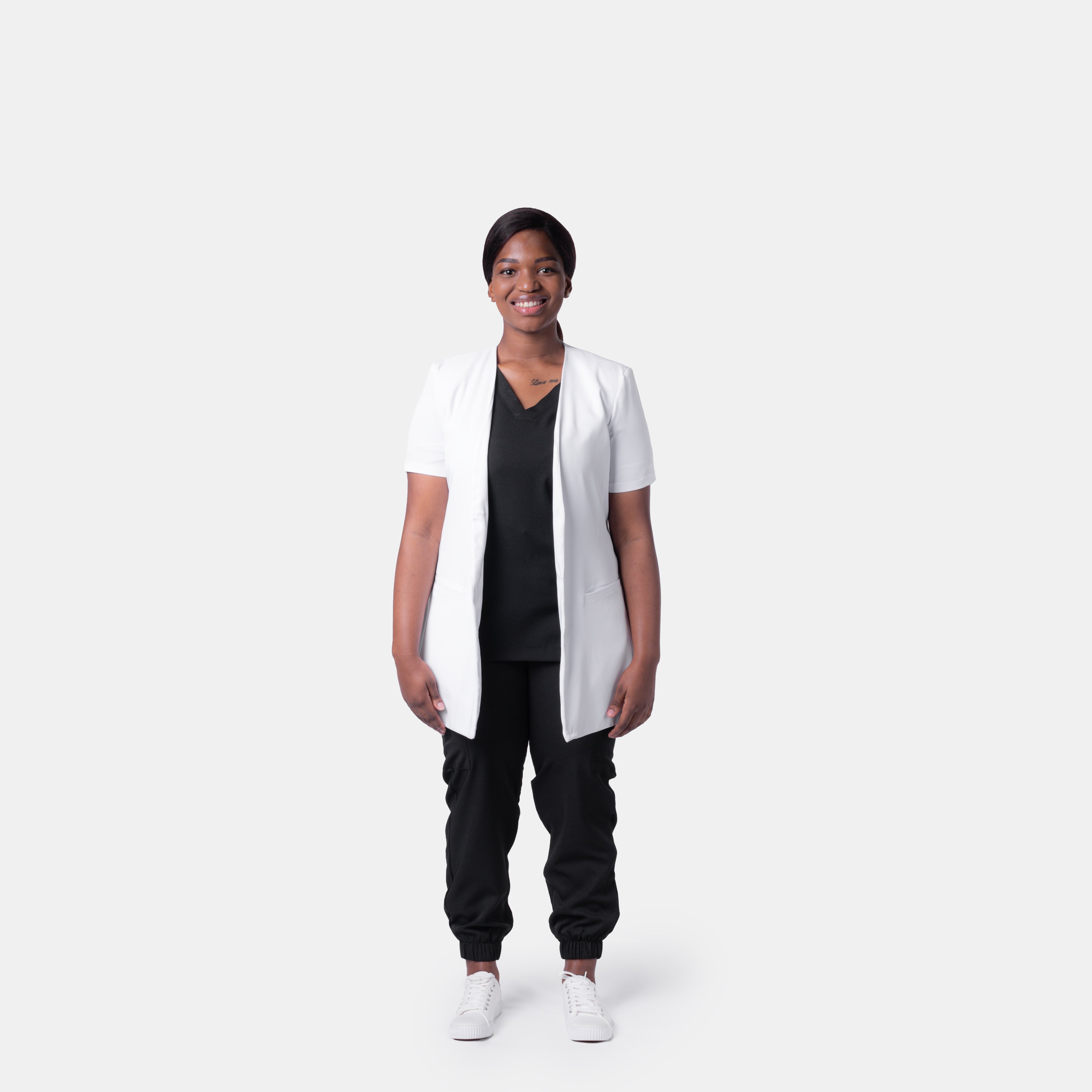 LADIES SHORTSLEEVE COLLARLESS LUXE LAB COAT - Greens Medi Scrubs South Africa - Premium Medical Uniforms & Apparel - Delivery Across SA