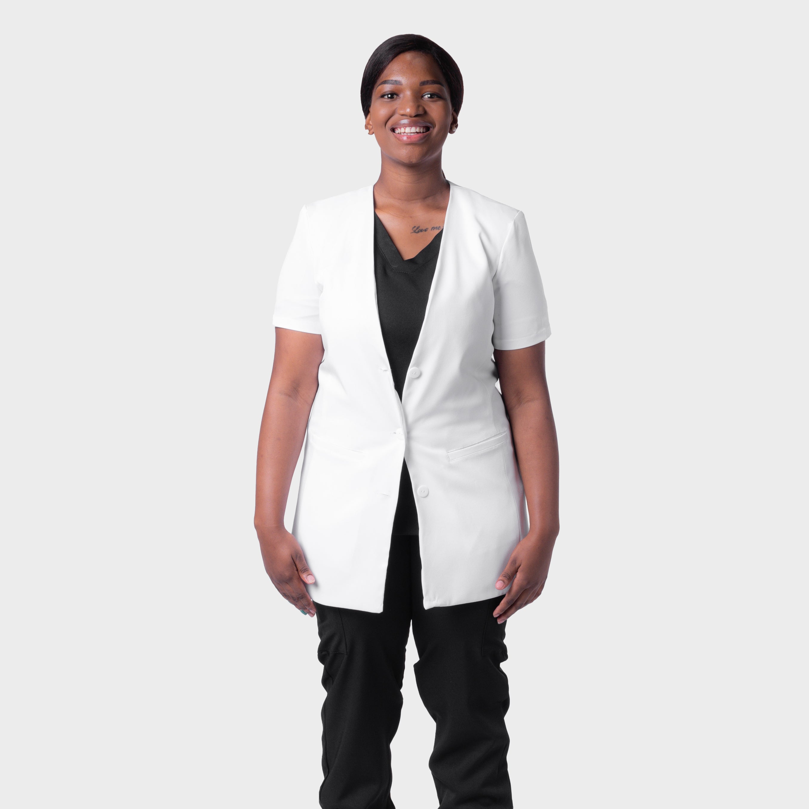 LADIES SHORTSLEEVE COLLARLESS LUXE LAB COAT - Greens Medi Scrubs South Africa - Premium Medical Uniforms & Apparel - Delivery Across SA