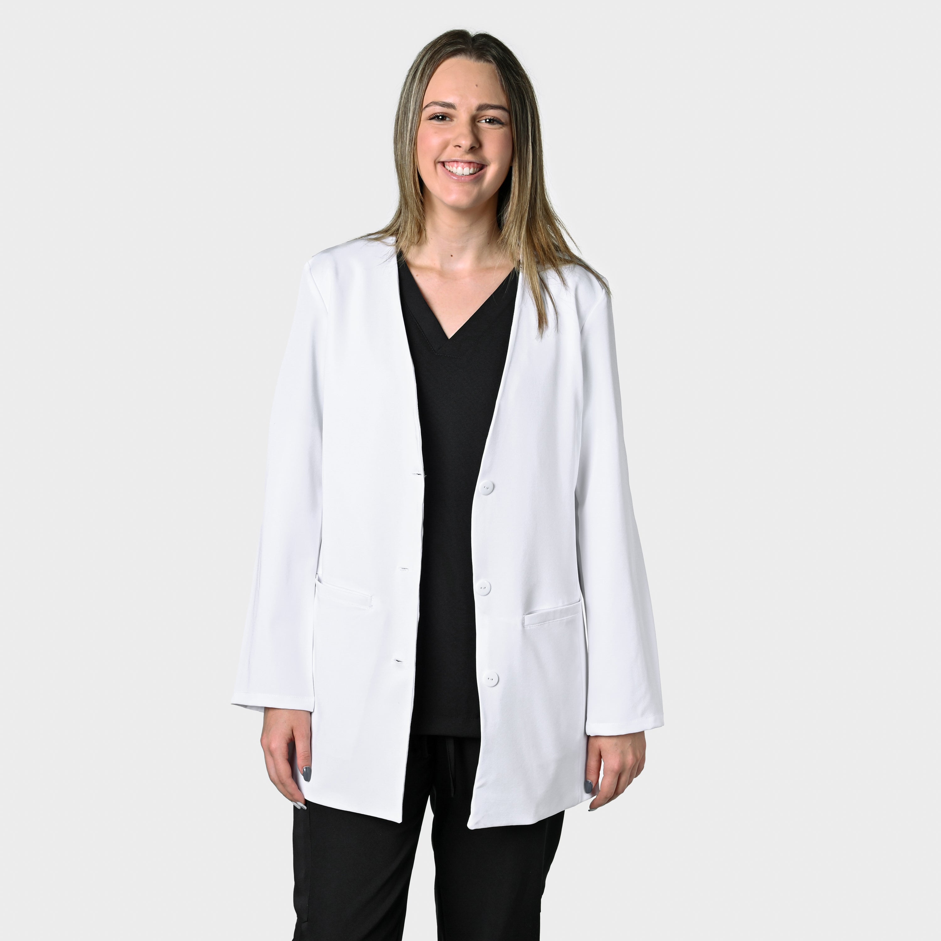 LADIES LONGSLEEVE COLLARLESS LUXE LAB COAT - Greens Medi Scrubs South Africa - Premium Medical Uniforms & Apparel - Delivery Across SA 