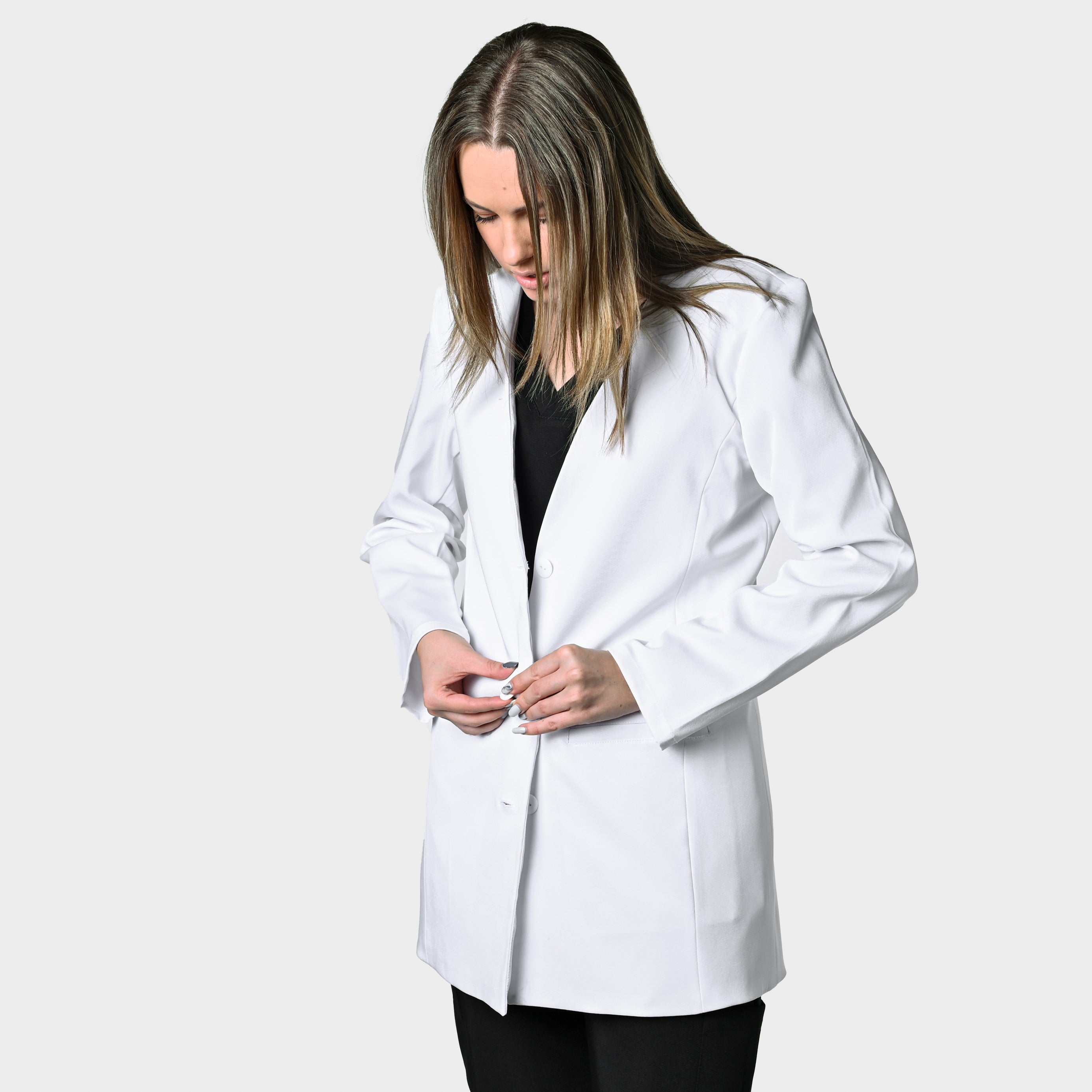 LADIES LONGSLEEVE COLLARLESS LUXE LAB COAT - Greens Medi Scrubs South Africa - Premium Medical Uniforms & Apparel - Delivery Across SA 